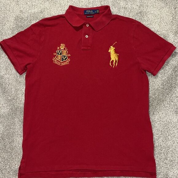 Red Gold Big Pony Polo Ralph Lauren Golf Polo Tennis Shirt L Custom Slim w/Crest - Picture 2 of 6